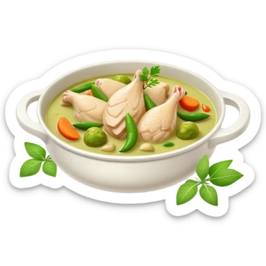 Cinematic Realistic Green Chicken Curry Dish Emoji, depicted with tender chicken simmered in a fragrant green curry sauce with vegetables rendered with rich textures and dynamic, vibrant lighting. sticker