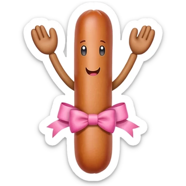 a sausage with arms, legs, face, a pink bow below sticker