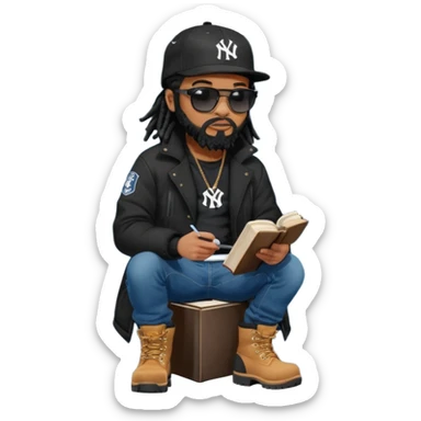 African American man with shoulder length black dreadlocks with black beard wearing black sunglasses wearing a black bubble winter coat wearing a black New York Yankees logo baseball cap wearing denim skinny jeans and Timberland boots reading a Bible sticker