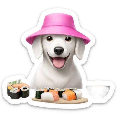 white Dog with a pink hat eating sushi sticker