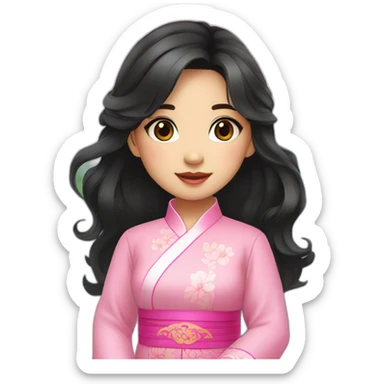 cute Vietnamese girl with wavy black hair posing with pink ao dai full body sticker