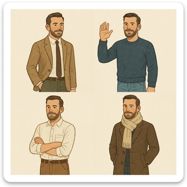 Create images of a man in different outfits and poses in the same style as the reference image. Maintain the style characteristics and details of the original man. sticker