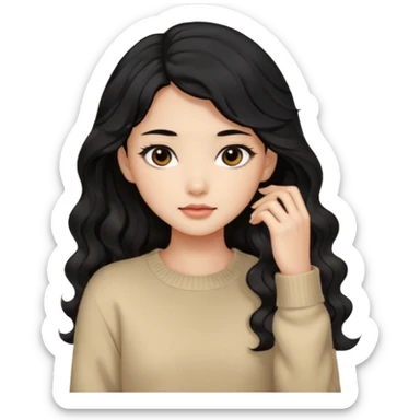 Beautiful girl,Black hair,wavy hair，long hair,Black eyes,Chinese, beige sweater  sticker