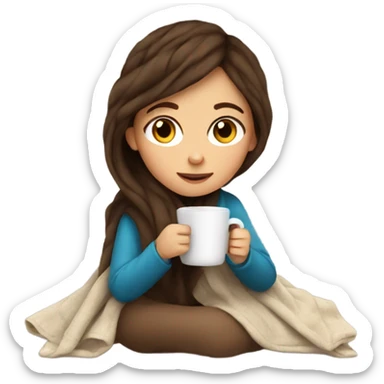 Brown hair Girl drinking coffee, with a cozy blanket sticker