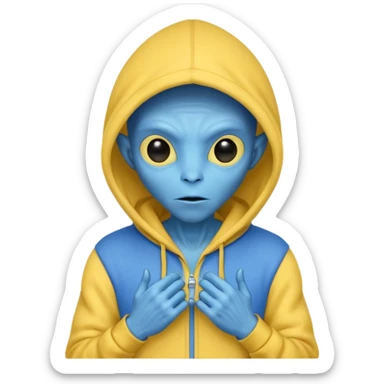 generate a blue alien wearing a yellow hoodie sticker