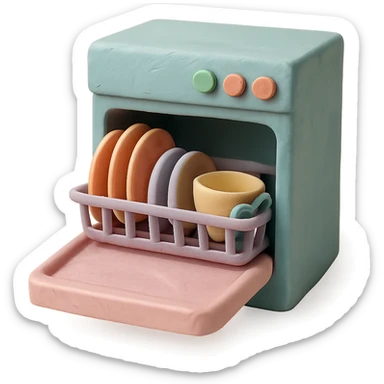 claymation style dishwasher with open door and clean dishes inside, pastel colors, visible fingerprints, soft matte finish sticker