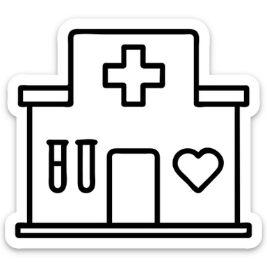 Modern clinic building facade with a red cross medical symbol, test tubes and a small heart icon, clean minimalist medical facility exterior sticker