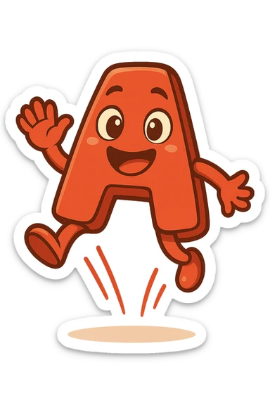 Add a jumping animation to the letter A, preserving the cartoonish style with bright colors and a transparent background. sticker