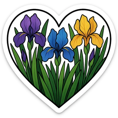 heart with a vibrant iris garden, clean digital illustration sticker