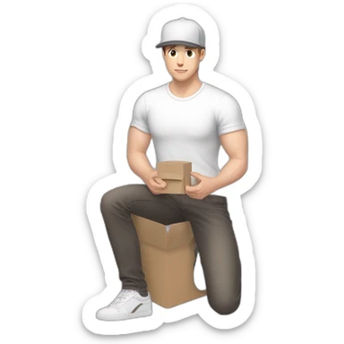 Pale skinned fit Man with dark brown hair in a light gray cap, dark brown jeans, brown polo and white T-shirt keeping a pasted with tape white box into his hands sticker