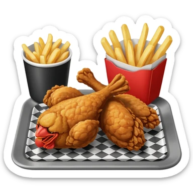 Fried chicken with fries in a grey rectangle plate with paper black and white  sticker