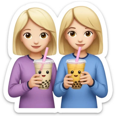 two friends, one blonde and one brunette, standing with their backs, hugging each other with one hand and holding bubble tea with the other, emoji style, with a heart above their heads sticker