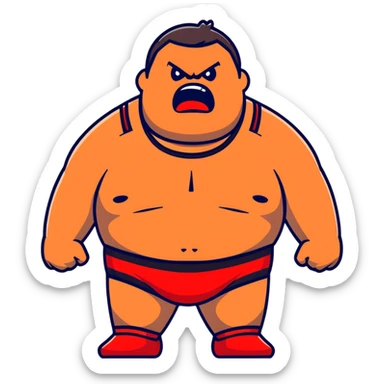 Close-up of white skin fat guy with young face, no muscle with prominent black durag, completely shaved face, no beard or mustache, black eyes in a red and black wrestling singlet with angry face sticker