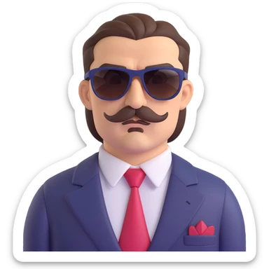 mafia boss with slicked-back brown hair, thick mustache, sunglasses, exuding authority and coolness sticker