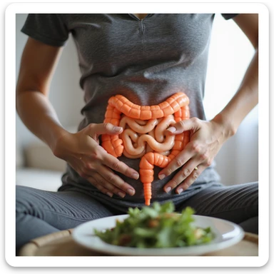 adult woman, photorealistic, on a diet to fix intestine, sitting with curved posture, hands pressing abdomen, intestine highlighted, healthy food plate in front, natural light, home background sticker