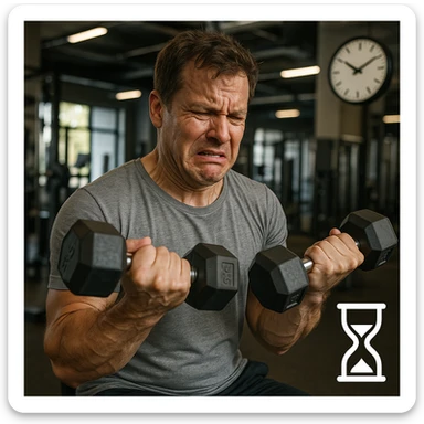 hyper realistic man doing many repetitions with light weights in gym, frustrated expression, clock or hourglass symbolizing passing time, realistic details, gym background sticker