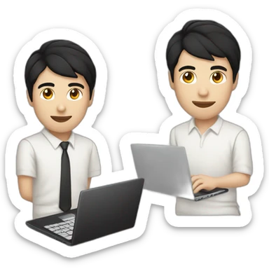 young man black hair and white body with laptop writes code on python sticker
