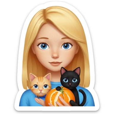 Cute blonde girl with freckles and blue eyes holding an orange colored  cat and a black cat sticker