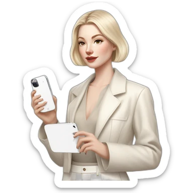 pale skin woman with ash blonde Straightened bob Hair, White Spacious classical jacket, beige palazzo Arrow pants and gray blouse holding white IPhone 14 pro in the hands sticker