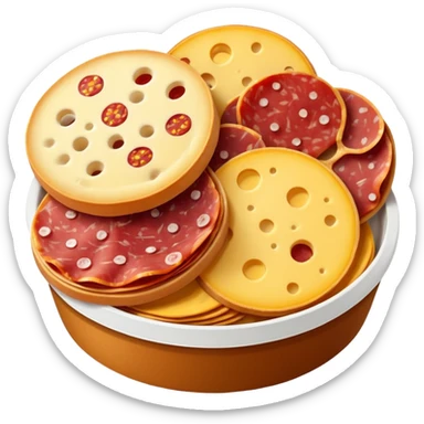 Hickory Farms Snack pack, circular bread chips, cheese slices, sliced salami sticker