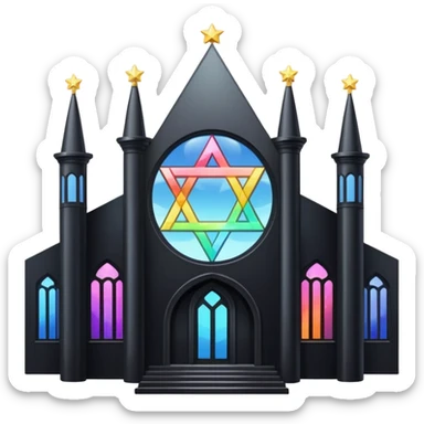 jewish synagogue temple in dark goth aesthetic style with black building and light rainbow tint glass windows and star of david and celestial symbolism sticker