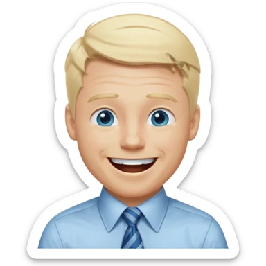 A guy with blonde hair and blue eyes that looks masculine. make him wear a shirt with a tie. he is danish. He is laughing extremely hard sticker