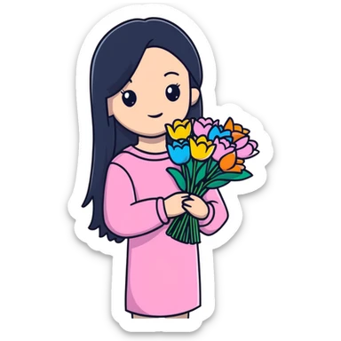 Beautiful girl with long straight black hair, fair skin, wearing pink clothes, holding a bouquet of colorful flowers sticker