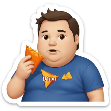 Fat man with greasy hair side part discord t shirt eating doritos sticker