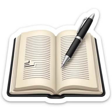 "A white open book,The pen should be positioned as placed exactly in the center between the pages.  if held by a right-handed person - meaning the direction is reversed compared to a left-handed grip. The pen should be uncapped, and the cap placed behind it." sticker