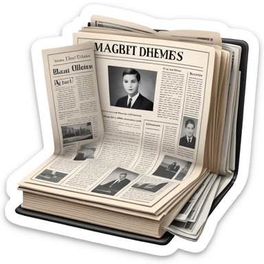 Icon for Non-Fiction & Narrative Reading: an open book with black-and-white photos on the pages, surrounded by a pile of newspaper clippings, and an open folder with top-secret documents. The icon should reflect the blend of real stories and facts in non-fiction literature. Transparent background. sticker
