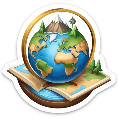 An icon featuring a globe, a compass, and a map, symbolizing geography. The design includes mountain ranges, rivers, and continents, representing the study of Earth’s landscapes and environments. Transparent background highlights the exploration and understanding of the world’s geography. sticker