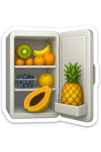 emoji stile iphone di un frigo aperto con dentro ben visibili questi alimenti: Kiwi
Banana acerba
Arance e mandarini
Mirtilli
Ananas
Papaya
IPERREALISTICO 4K sticker