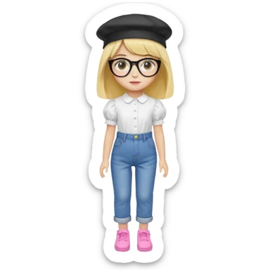 A yellow-skinned girl with medium-long straight hair, flat bangs, black frame glasses, a white puffy sleeve doll shirt, blue jeans and pink shoes, and a black painter's hat. sticker