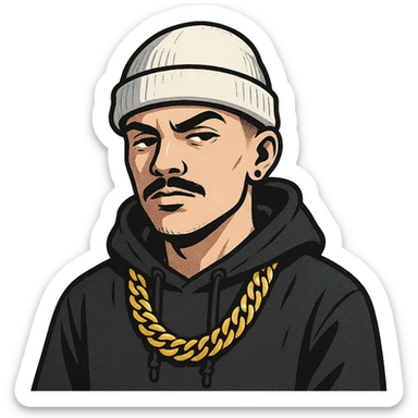 urban gangsta head, white skin, gold necklace, mustache, white beanie, cool vibe sticker