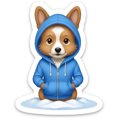 Dog wearing a blue hoodie on a snowy morning  sticker