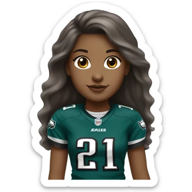 girl with brown hair, brown eyes, fair skin. silver earrings, long hair. wearing Philidelphia Eagles gear sticker