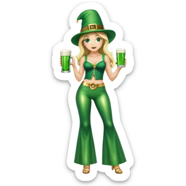 Blonde haired girl in glittery green bell bottoms and tall leprechaun hat holding a green beer sticker