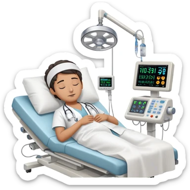 Hospital room with sleep study setup, hospital bed with sleeping patient, doctor in white coat, EEG machine, brain wave monitors, and hospital equipment sticker