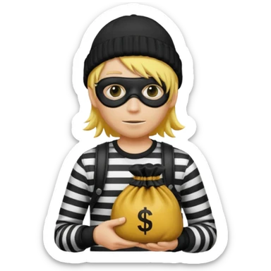 A yellow guy with a black beanie white black striped shirt a black mask for it's eyes and holding a money bag with yellow hair sticker
