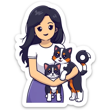 woman with long black hair holding an American Shorthair cat and a Cavalier King Charles Spaniel dog sticker