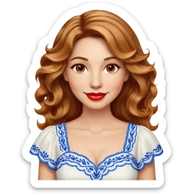 Artistic woman in her 40s with bright complexion, round face, big lively light brown eyes, wide friendly smile, vibrant red lips, voluminous wavy dark blonde hair with highlights to shoulders, white summery dress with blue embroidery and electric blue neckline sticker