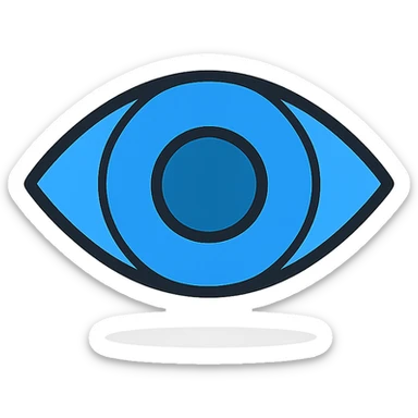blue eyeball icon with black outlines, lineal color style, transparent background, subtle shadow sticker