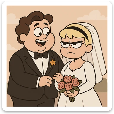 Georgie and Mandy inspired by the reference photo, in wedding outfits, cartoon style, wedding scene, flat toon style sticker