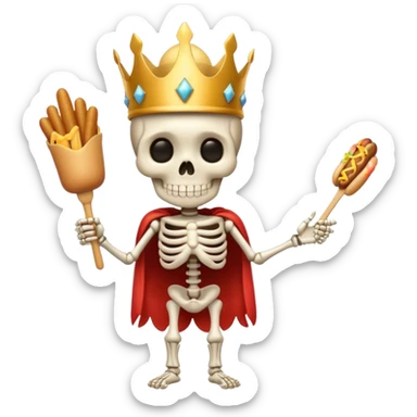 A cute skeleton wearing crown and holding hot dog full body sticker