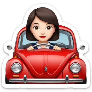 Pretty, sexy, slightly curvy white woman with short dark brown hair, driving a VW beetle sticker