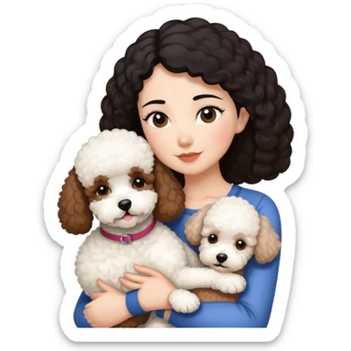 woman with short black hair hugging a brown poodle and a white bichon frise sticker