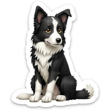 cinematic-[border collie dog]-realistic-full-body-sitting-emoji,-tail-resting-loosely-beside-its-paws,-head-tilted-dramatically,-scruffy-[black and white]-fur,-simplified-yet-realistic-focused-features,-highly-detailed,-glowing-with-an-almost-sarcastic-glow sticker