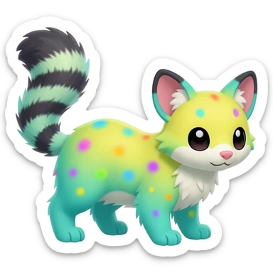  cute adorable yellow-green-turquoise-gradients albino fur with random colorful iridescent rainbow markings beautiful elegant pretty precious cute  Fakémon-Pokémon-opossum-feline-serval-caracal-chinchilla-Minccino-hybrid-creature with a big fluffy bushy striped tail (full body) sticker