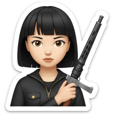 Hace un emoji de una chica de pelo corto negro y fleco finito , con un arma  sticker