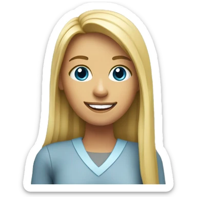 Create an emoji of a young blonde teacher, with long straigh hair, smiling, with pink mouth and a blue clothe sticker